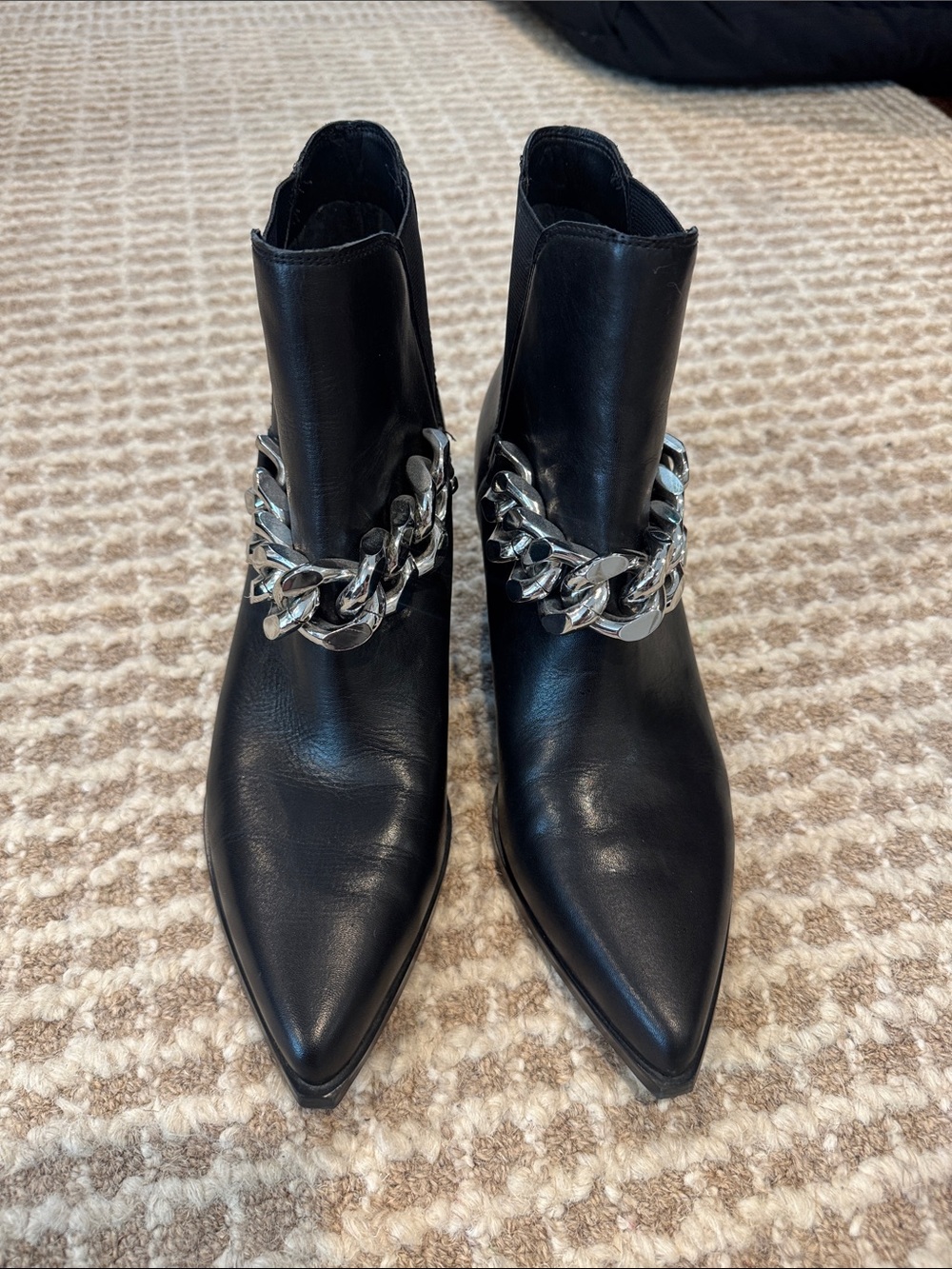 Marc Fisher Black Pointed Toe Ankle Boots with Silver Chain
